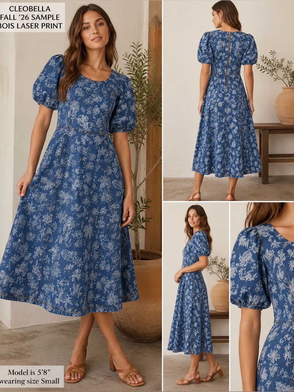 NWT Cleobella Bois Laser Print Puff Sleeve Midi Dress Sample Size Small